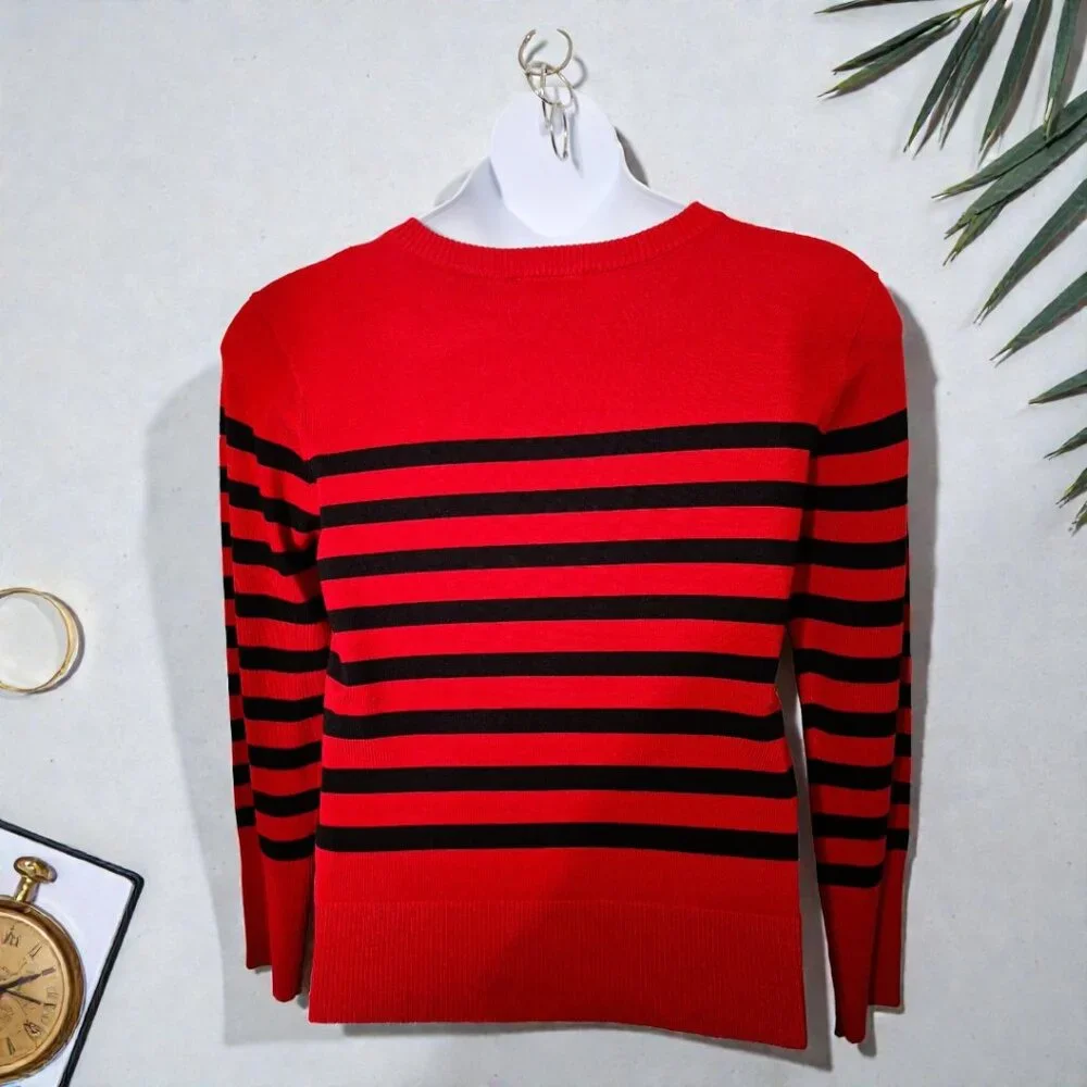 Karl Lagerfeld Paris Med (8-10) Red & Black Stripe Crewneck Sweater w/ Gold Pins - Picture 15 of 15